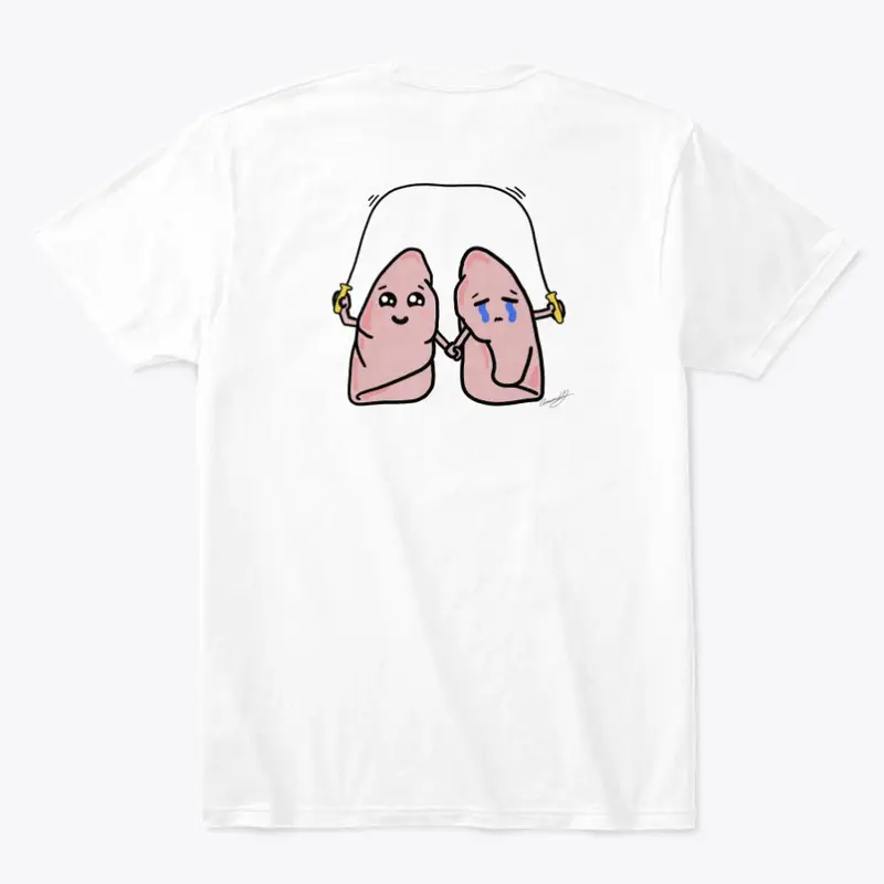 Tshirt featuring two kidneys holding hands skipping a rope together designed by Armando Hasudungan