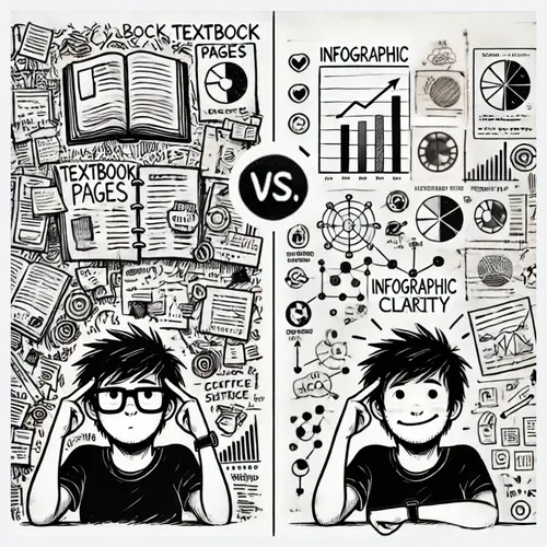 Hand-drawn infographic comparing traditional textbooks with illustrated infographics for medical education. On the left, a frustrated student struggles with a dense textbook. On the right, a happy student easily comprehends medical concepts using a clear, visual infographic. A bold 'VS' symbol highlights the contrast between the two learning methods.